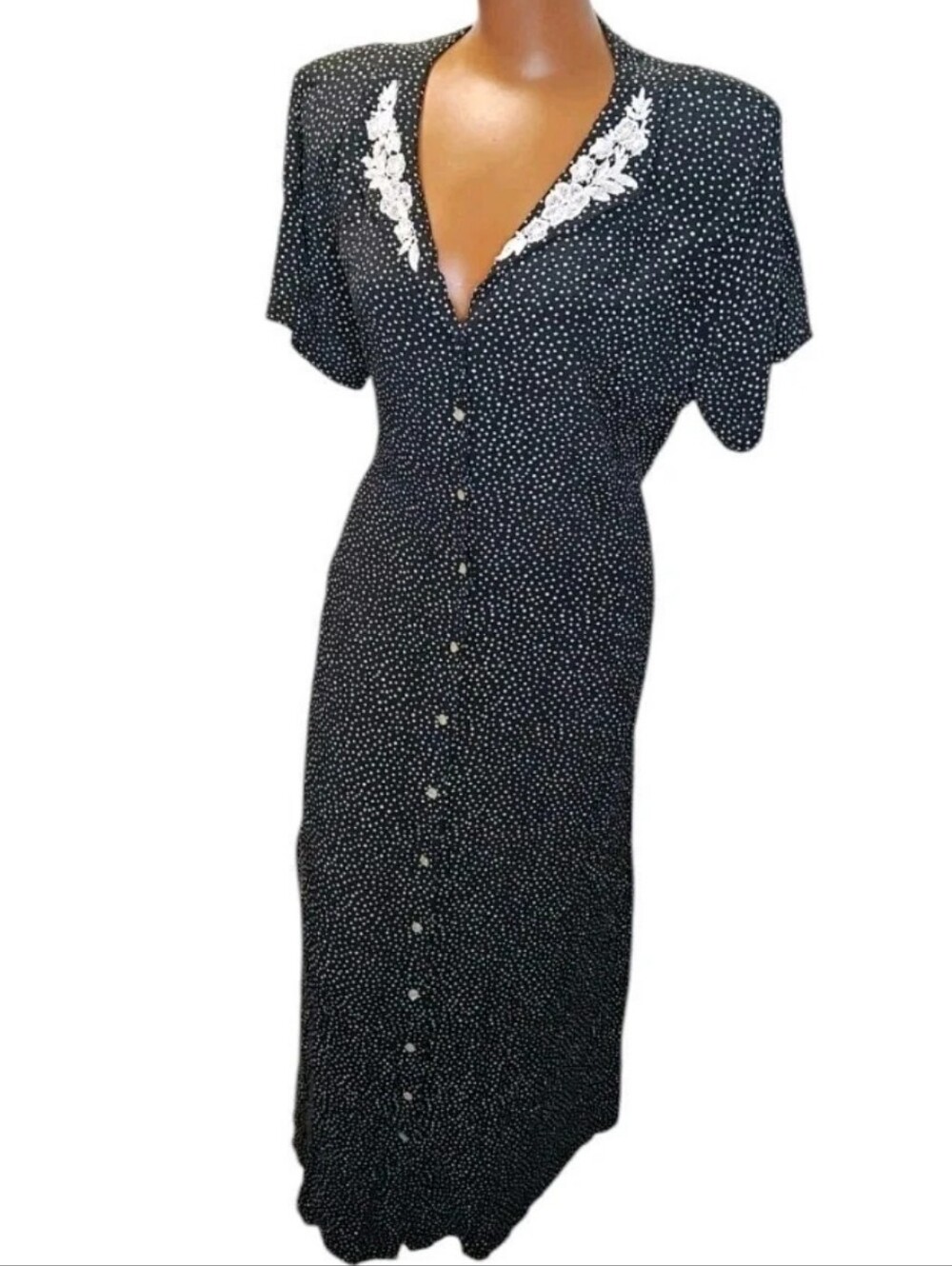 Vtg 90s Cottage Maxi Dress 2X Black White Polkadot Modest White Beaded Buttons